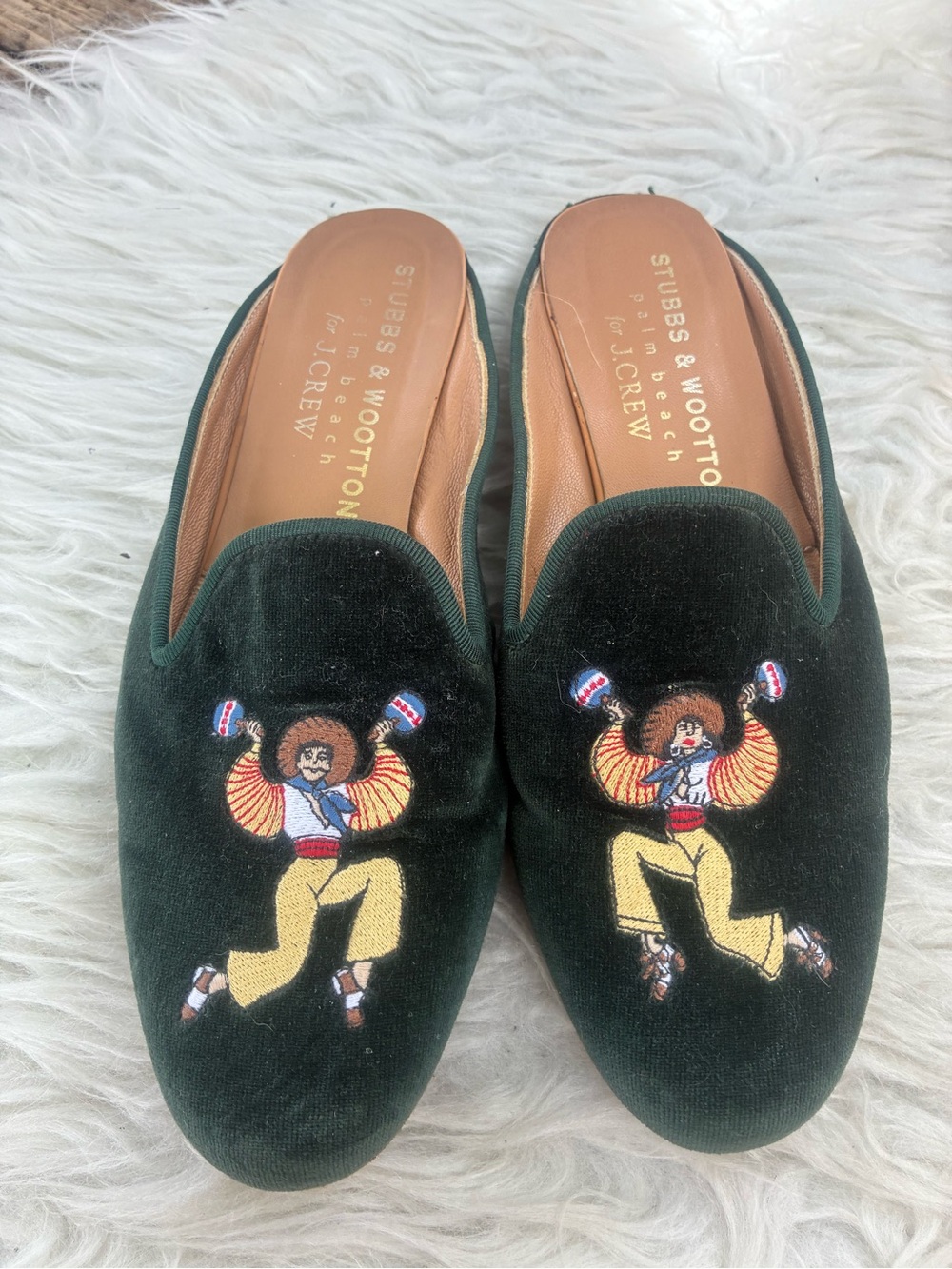 Stubbs & Wootton x J.Crew Dark Green genuine leather Embroidered Slip-On Loafers